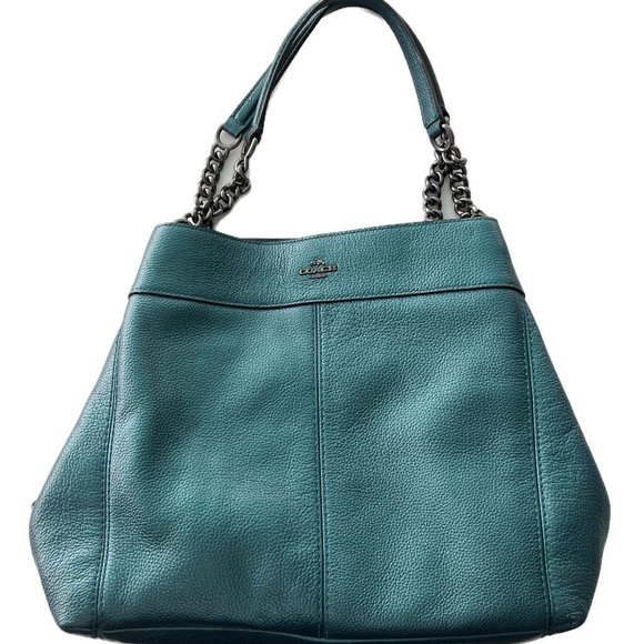 Coach Pebbled Leather Lexy Chained Shoulder Bag In Metallic Teal F22209 - NWOT - Picture 1 of 9